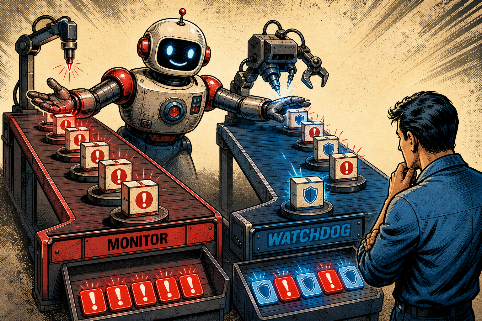 Two retro robots standing side by side at a wall of gauges: the left robot is turning a valve marked FIX with a wrench in its hand, the right robot is just pointing at a flashing red bulb labeled ALERT, with the left robot labelled WATCHDOG and the right robot labelled MONITOR.