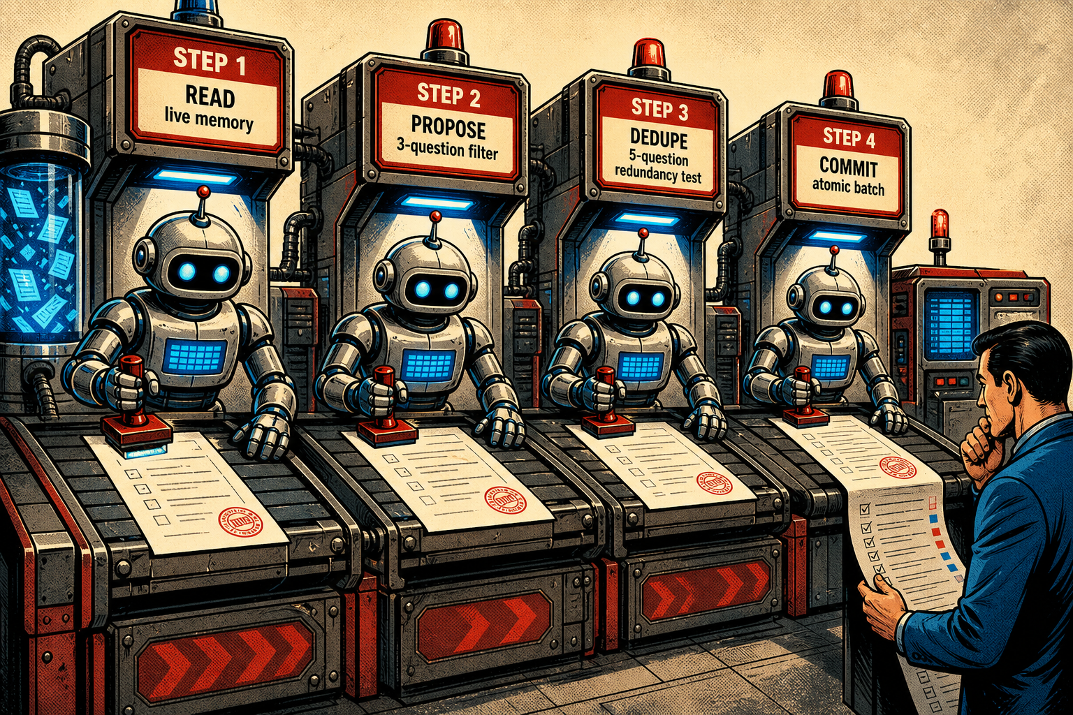 A friendly retro robot standing at a workbench under a clock that reads 00:30, sorting a small stack of memory cards into three labeled bins — KEEP, MERGE, DROP — while a clipboard checklist titled 4-STEP MERGE PLAN sits beside the bin.