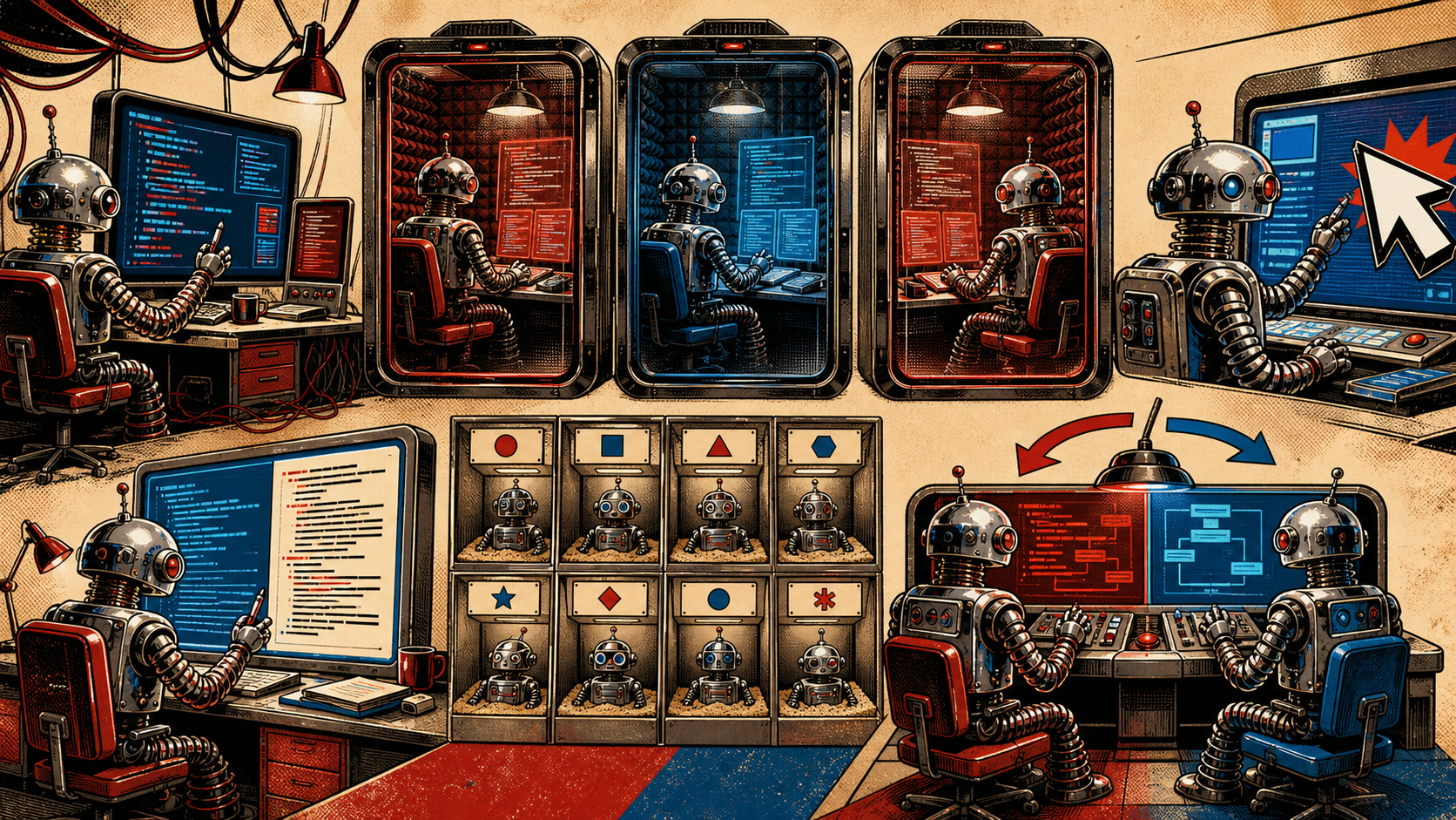 Eight small retro robots in different work-stations across a single scene: a one-robot debugger at a desk, a hermetic-agents pod with three robots in separate soundproof booths, a tab-model inline assistant, a literate-programming robot writing prose alongside code, a workbox array of robots each in their own sandbox, and a pair-programming driver and navigator swapping seats.