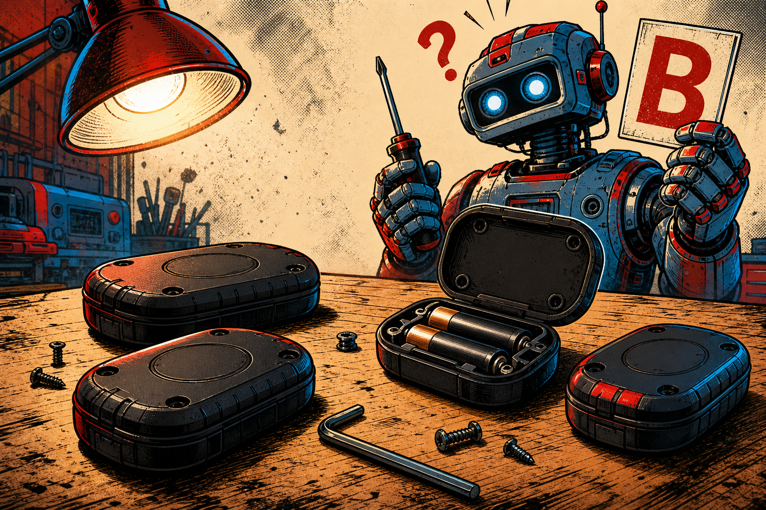 Four black Elevation Lab AA-battery AirTag cases arranged on a wooden surface next to a screwdriver tool and loose hex screws, with one case opened showing two AA batteries installed, and a retro-futurist robot in the background holding a Phillips screwdriver looking confused