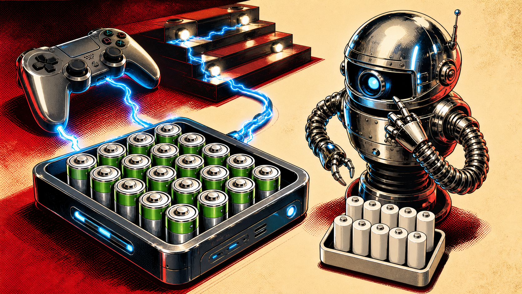 Rechargeable AA batteries powering a game controller and stair lights while a retro robot compares two battery trays