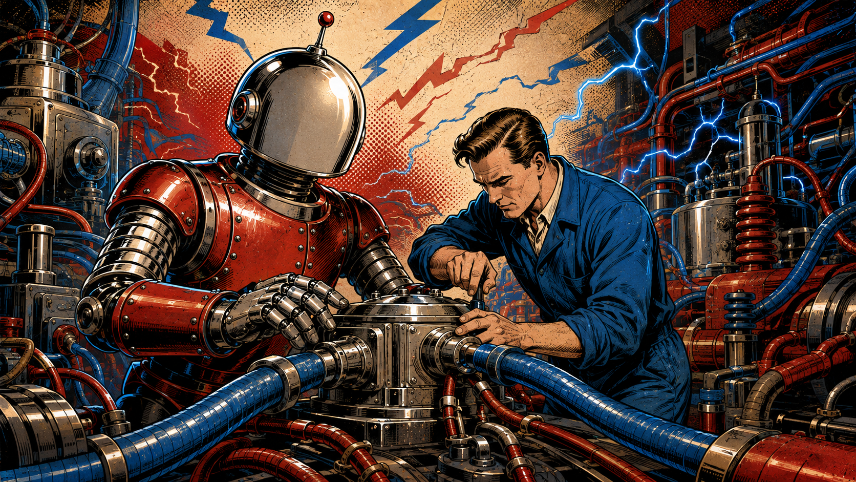A faceless chrome-domed robot and a small human operator control one central routing console with a single blue exit cable.