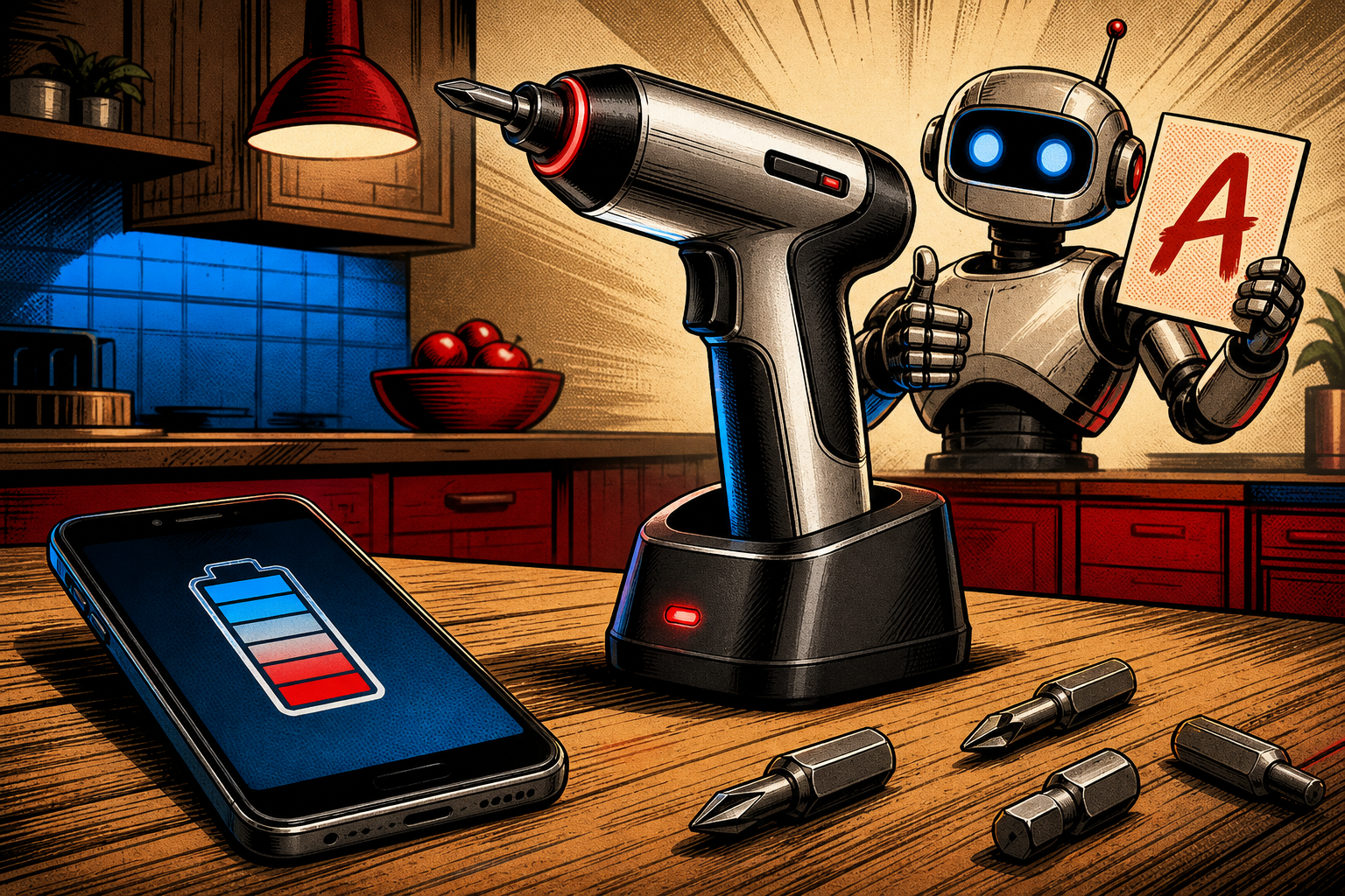 A silver and black Fanttik L2 Pro electric screwdriver resting in a small charging stand on a kitchen counter, surrounded by a scattering of bit heads in a small case, with a phone and a retro-futurist robot assistant giving thumbs up in the background