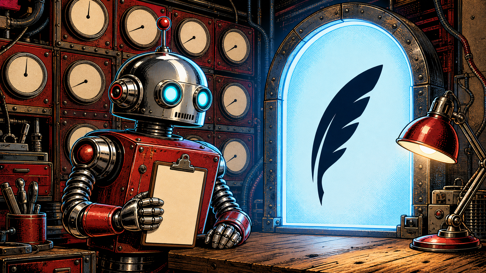 Retro editorial illustration of a chrome-domed robot at a workbench facing a glowing arched Gateway panel bearing the Featherless feather logo, with blank dial meters behind it.