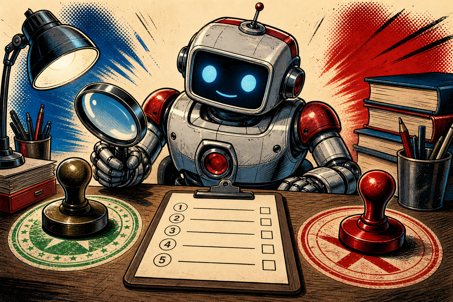 A friendly retro robot at an editorial quality-control desk holding a magnifying glass over a green FIRST-HAND stamp on the left and a red REJECT stamp on the right, with a clipboard listing the five first-hand signals (where, what for, before, broke, change).