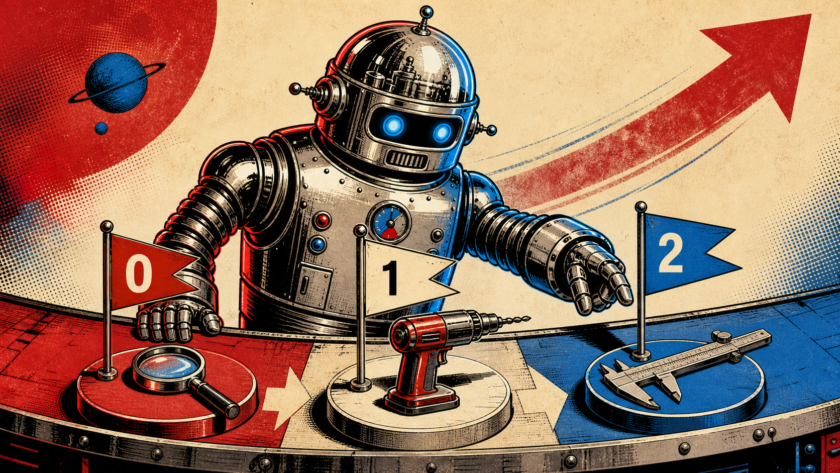 Retro editorial illustration of a chrome-domed robot at a four-stage assembly line, transforming a streaming JSONL tape through progressively richer visualization stations, ending at a glowing wall-mounted dashboard display.