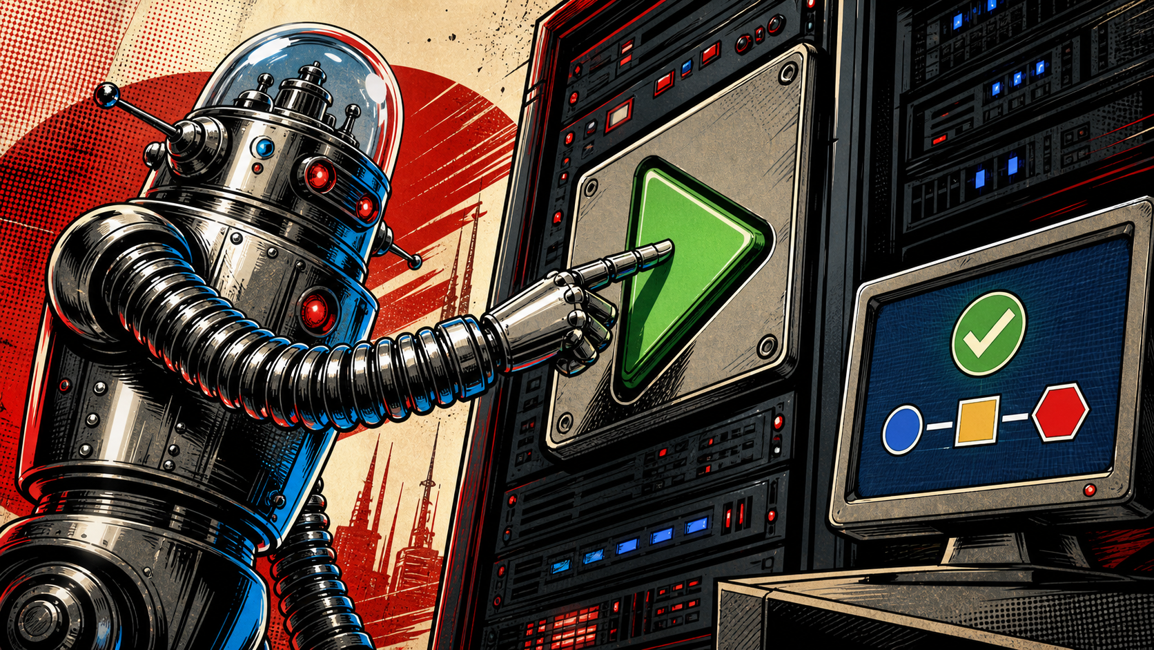 Retro editorial illustration of a chrome-domed robot pushing a giant green play button labeled deploy on a server-rack console, with a monitor showing a workflow graph of three connected nodes (lint, build, deploy).