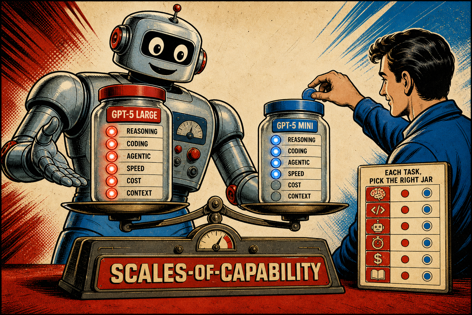 Two friendly retro robots side by side on a decked stage — a tall polished one labeled GPT-5 holding a heavy toolbox, and a smaller zippy one labeled MINI holding a clipboard — with a hand-drawn arrow pointing from a stack of task cards on the left.