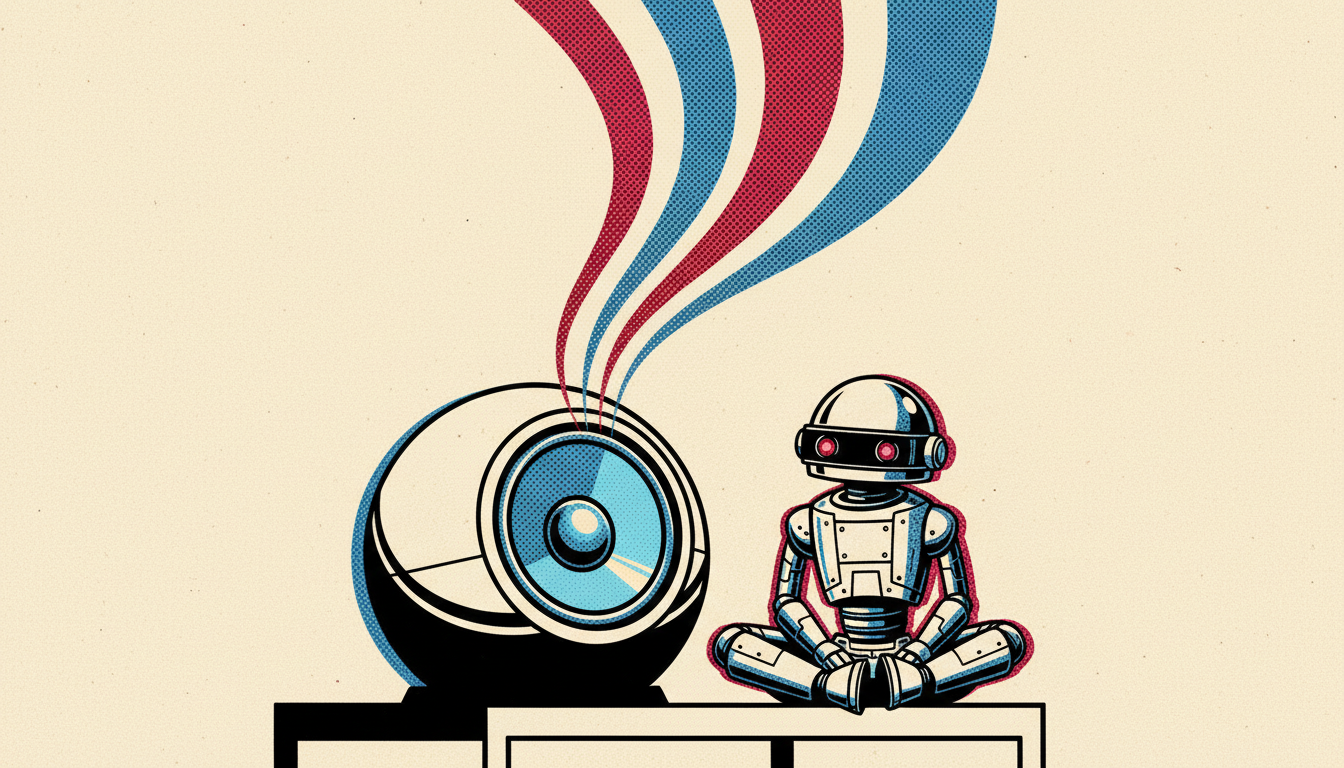 Large round Harman Kardon Onyx Studio 8 speaker on a side table in a living room, with a retro robot listening
