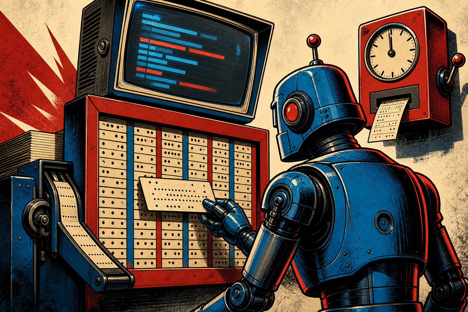 A retro robot at a punch-card-style wall calendar with the punch cards feeding in from the left, an old CRT screen above showing a job log scrolling, and a stamp clock showing today's date.