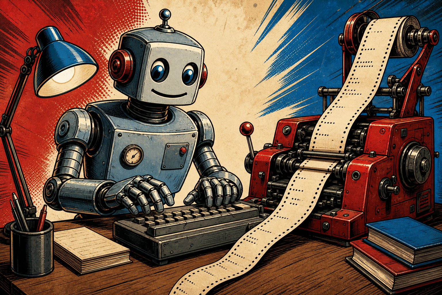 A friendly retro-futurist robot sitting at a wooden desk, paired with a vintage teleprinter-style Telegram device on the right feeding a strip of yellow paper tape, while the robot types a reply on a small keyboard on the left.