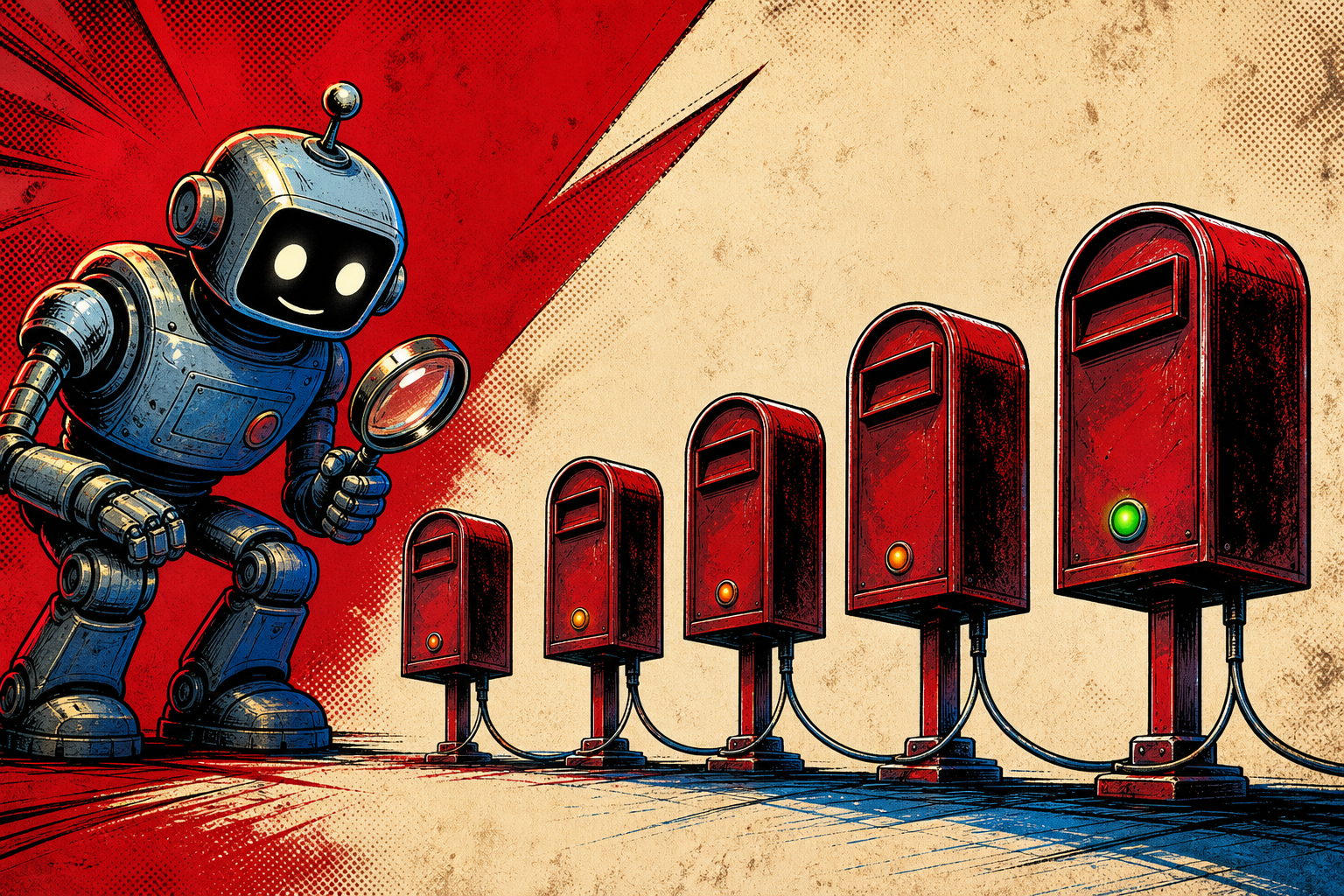 Five progressively-sized mailbox-shaped boxes connected by wires, each with a tiny indicator lamp — only the last one lit green, the rest amber. A friendly retro robot with a magnifying glass examines the first box.