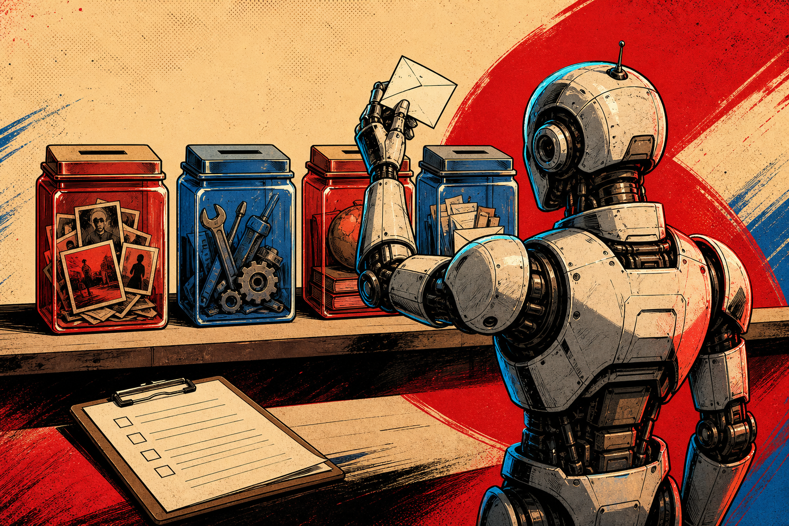 Four labeled jars on a wooden shelf — MEMORY, SKILLS, FACTS, HANDOFF — with a chrome-domed retro robot standing back holding a piece of paper, deciding which jar to drop it into.