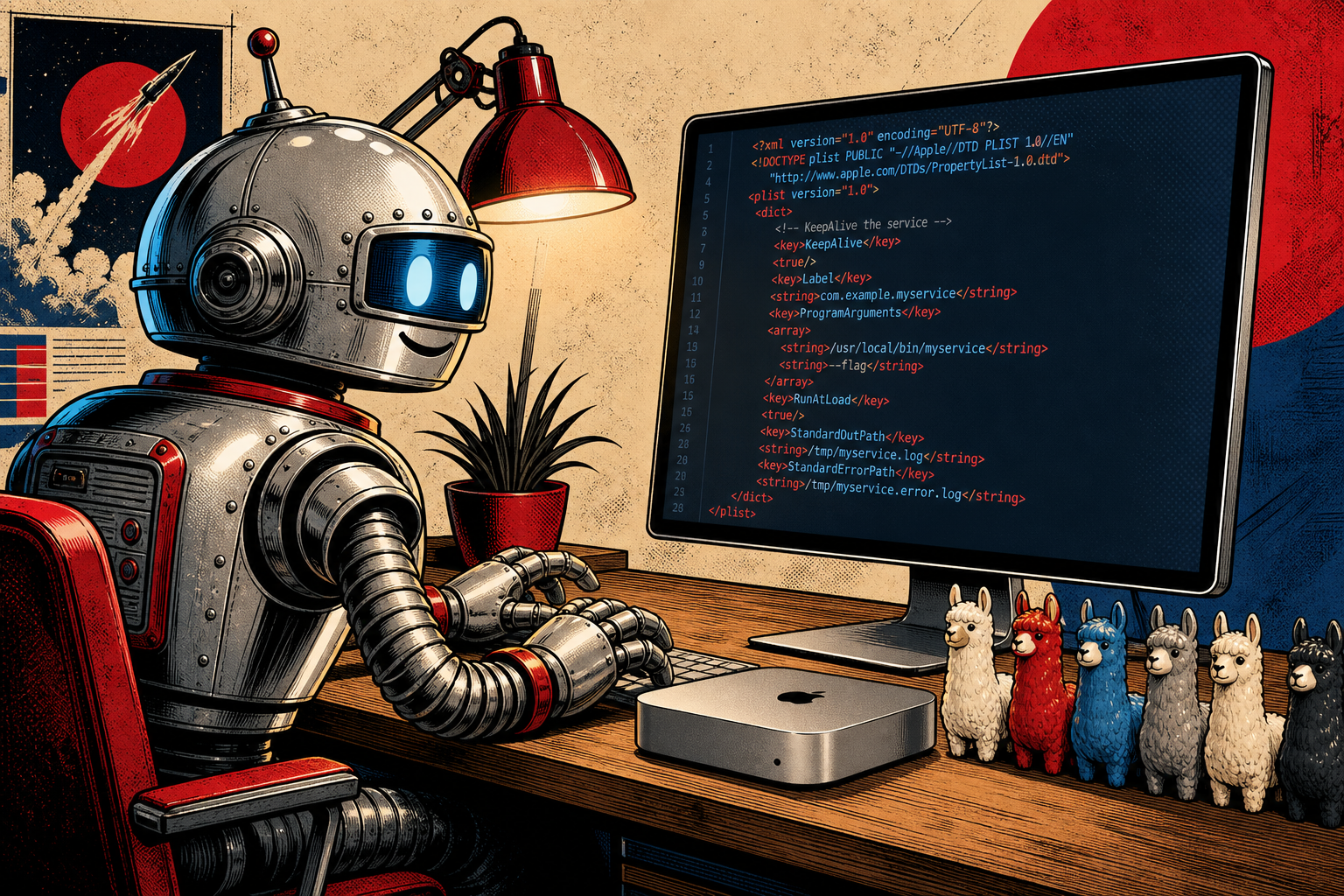 A friendly retro robot sitting at a Mac mini on a wooden desk next to a Studio Display, with a launchd plist scrolling on the screen and small Ollama llama figurines lined up beside it.