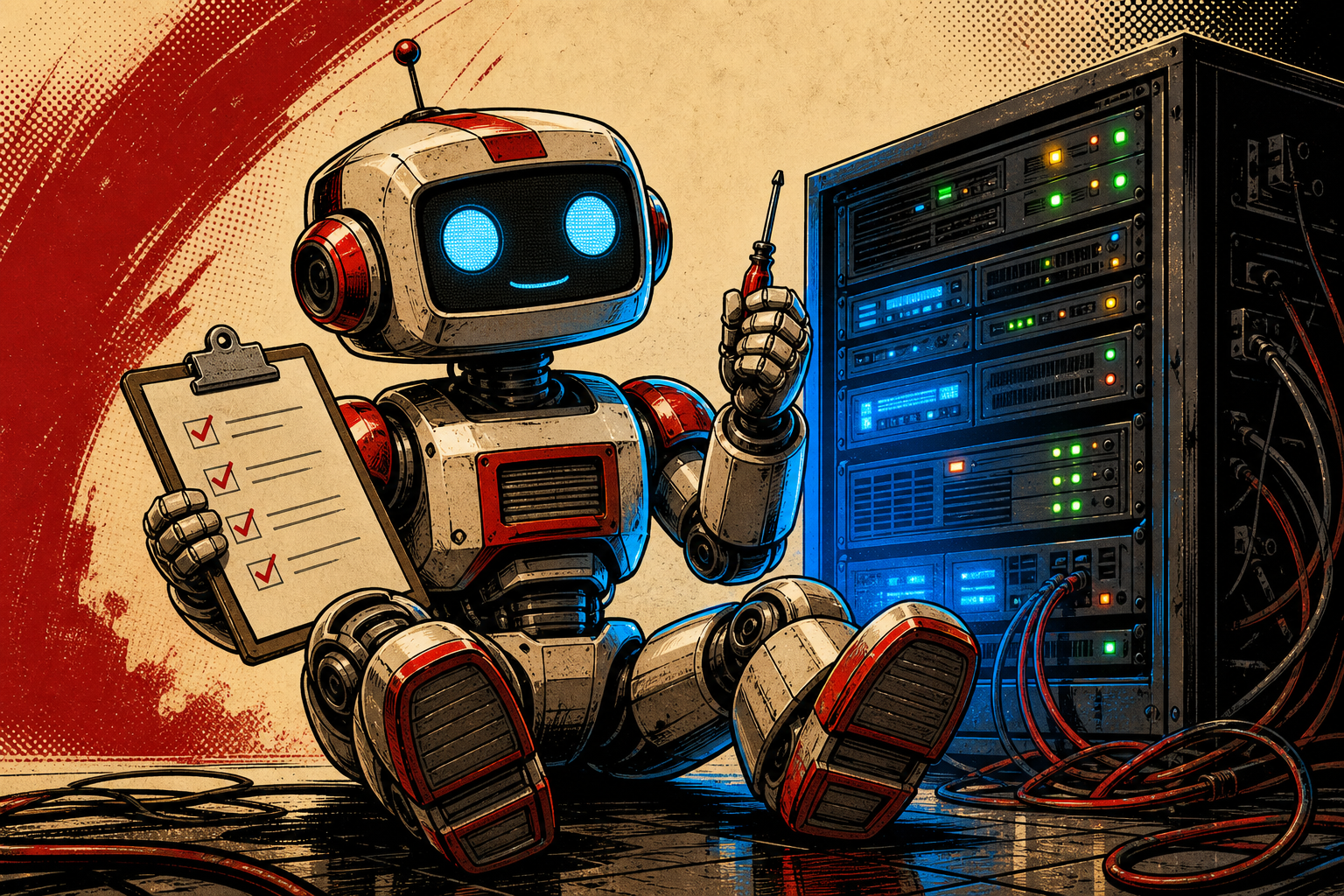 A friendly chrome-domed retro-futurist robot sitting in a small VPS-style datacenter room, holding a clipboard checklist in one hand and a tiny screwdriver in the other, with a half-height server rack of blinking green and amber LEDs behind it.