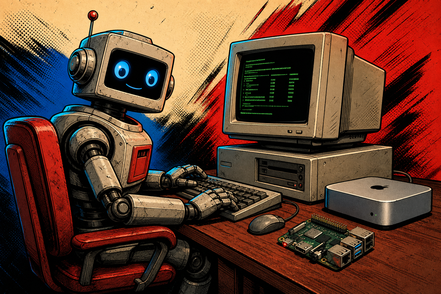 A friendly retro robot sitting at a desktop PC tower with a CRT monitor showing the Hermes install script, beside it a Mac mini and a Raspberry Pi — three machines the robot presides over.