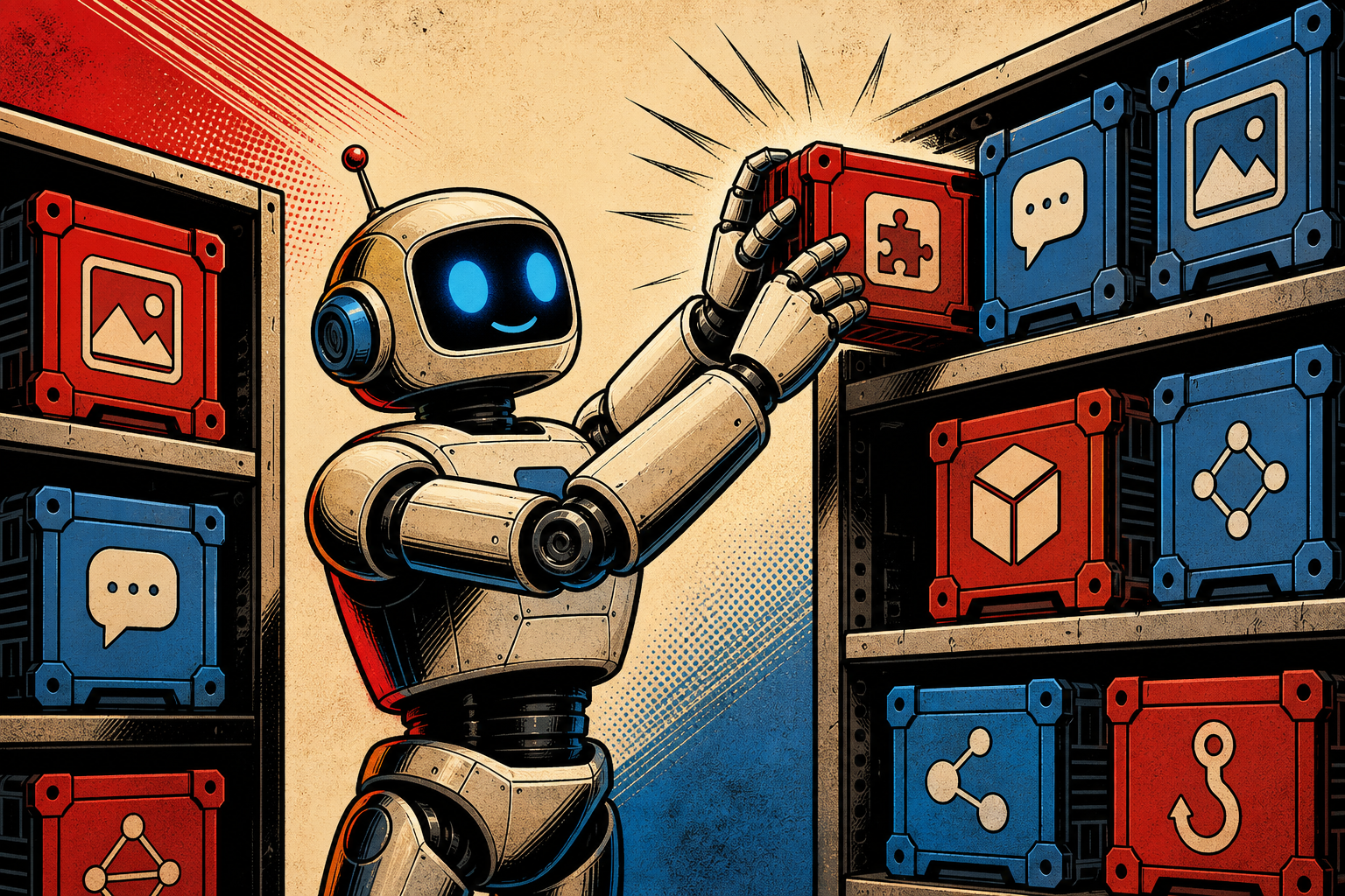 Friendly retro robot plugging a labeled module-shaped crate into a tall shelf of plugin crates, each crate tagged with a tiny icon (image, message, model, hook).