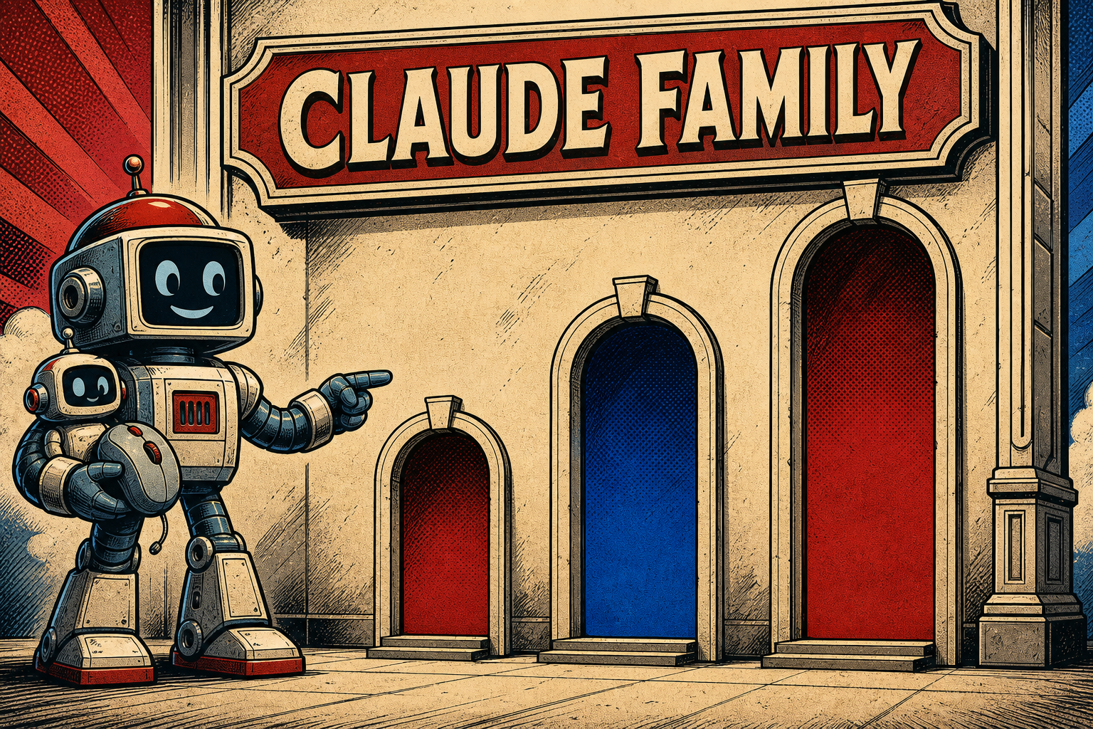 A friendly retro robot standing under a large sign labeled CLAUDE FAMILY with three doorways of varying heights (HAIKU = short, SONNET = mid, OPUS = tall). The robot is pointing toward the HAIKU doorway with one hand while carrying a small SLACK BOT and a small COMPUTER MOUSE in the other hand.