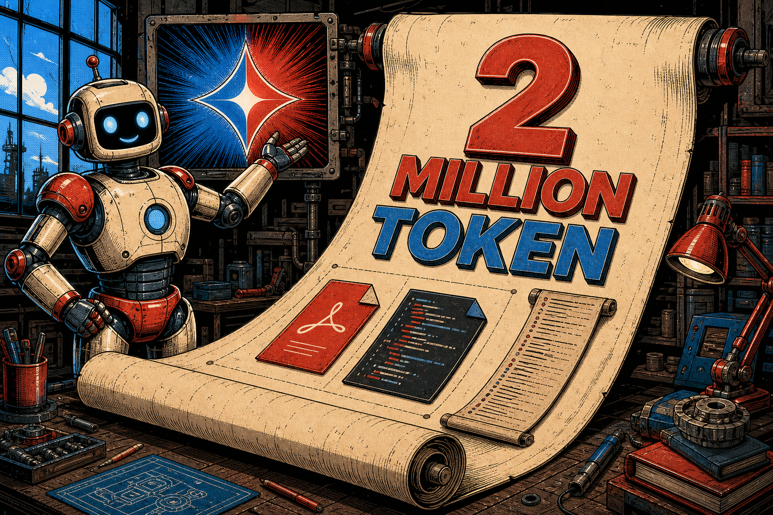 A friendly retro robot standing beside a giant scroll unfurled across the workshop labeled 2 MILLION TOKENS, with smaller artifacts (a PDF, a code file, a long log) all fitting inside the scroll at once. The robot gestures at a sign labeled GEMINI.