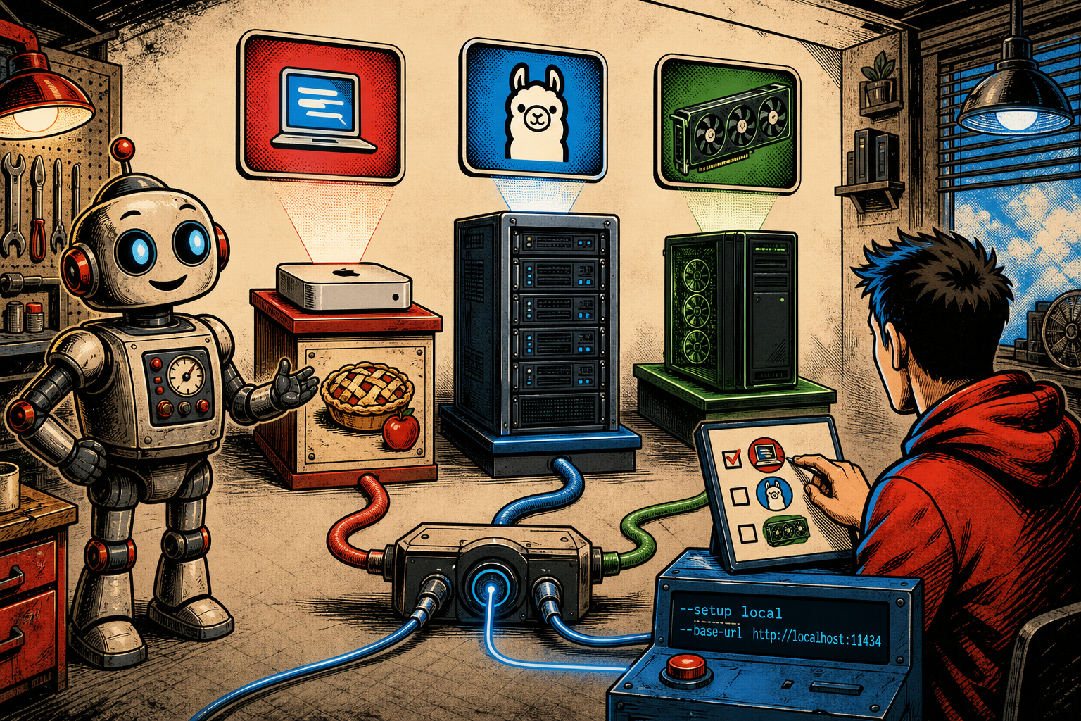 A retro robot at a workbench with three local LLM servers: a laptop running LM STUDIO, a VPS running OLLAMA, and a GPU box running vLLM, each with a token-budget gauge.