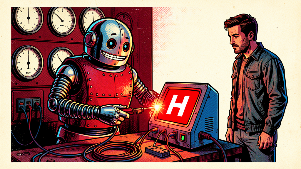 Editorial illustration of a friendly retro-futurist robot with a small human operator plugging a single key cable directly into a Hermes terminal, with a wall of dial meters behind them.