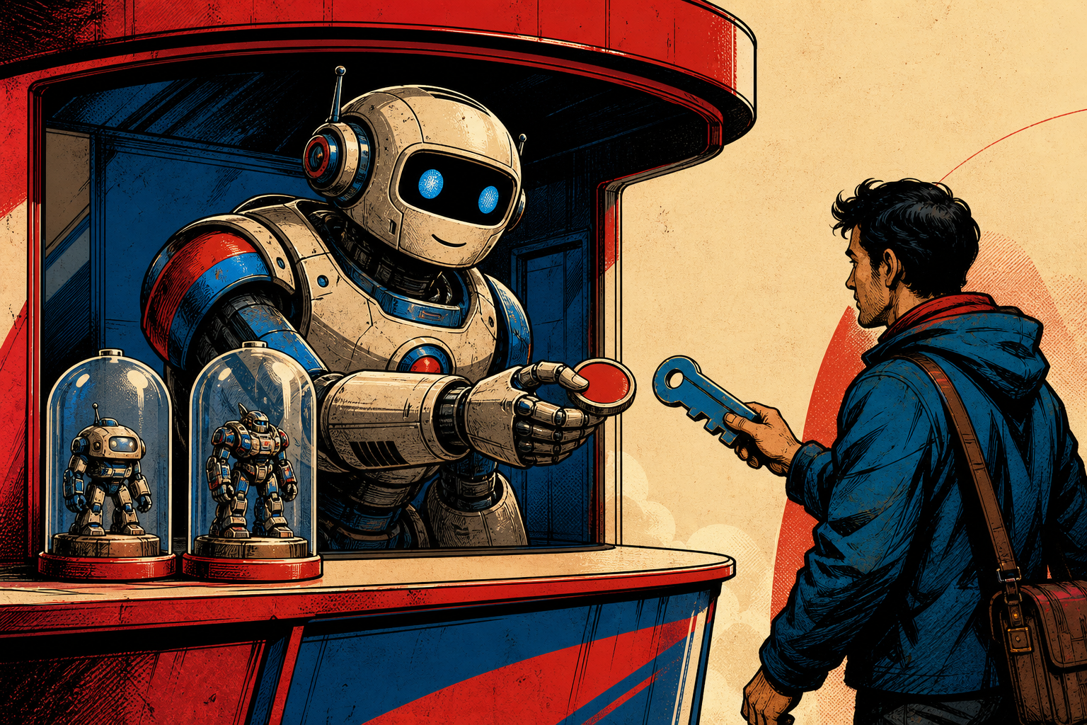 A retro robot at a small kiosk labeled NOUS PORTAL holding two model cards — one tagged HERMES-4-70B, one tagged HERMES-4-405B — with a Free Tier sign and a small meter ticking toward Metered.