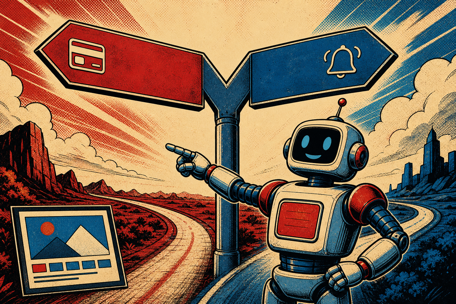 A friendly retro robot at a Y-shaped junction signpost: left fork labeled API KEY with a small credit-card glyph, right fork labeled CODEX OAUTH with a small subscription-bell glyph. The robot points left toward API KEY above a label that reads WORKS today.