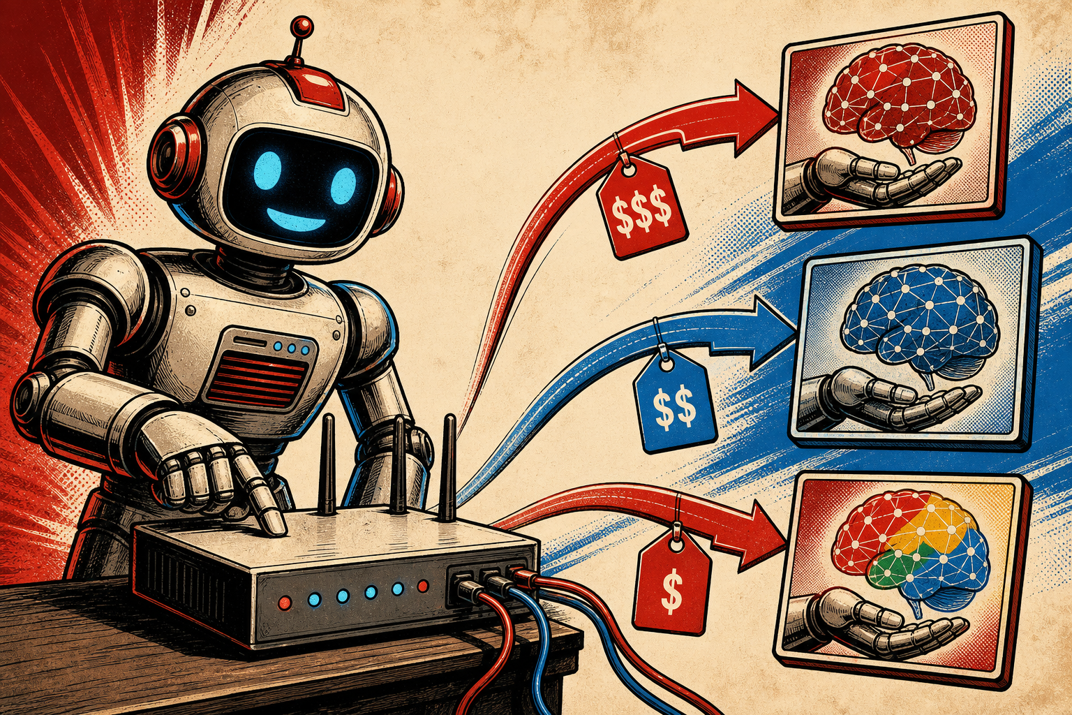 A friendly retro robot standing at a router labeled OPENROUTER, with arrows fanning out to small model cards labeled ANTHROPIC, OPENAI, and GOOGLE, each arrow tagged with a dollar price.