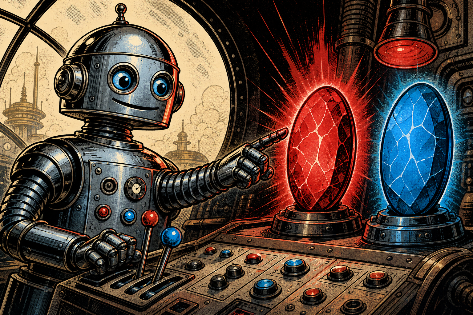 Retro robot at a console choosing between glowing portal-stones labeled with provider names, one stone pulsing red.
