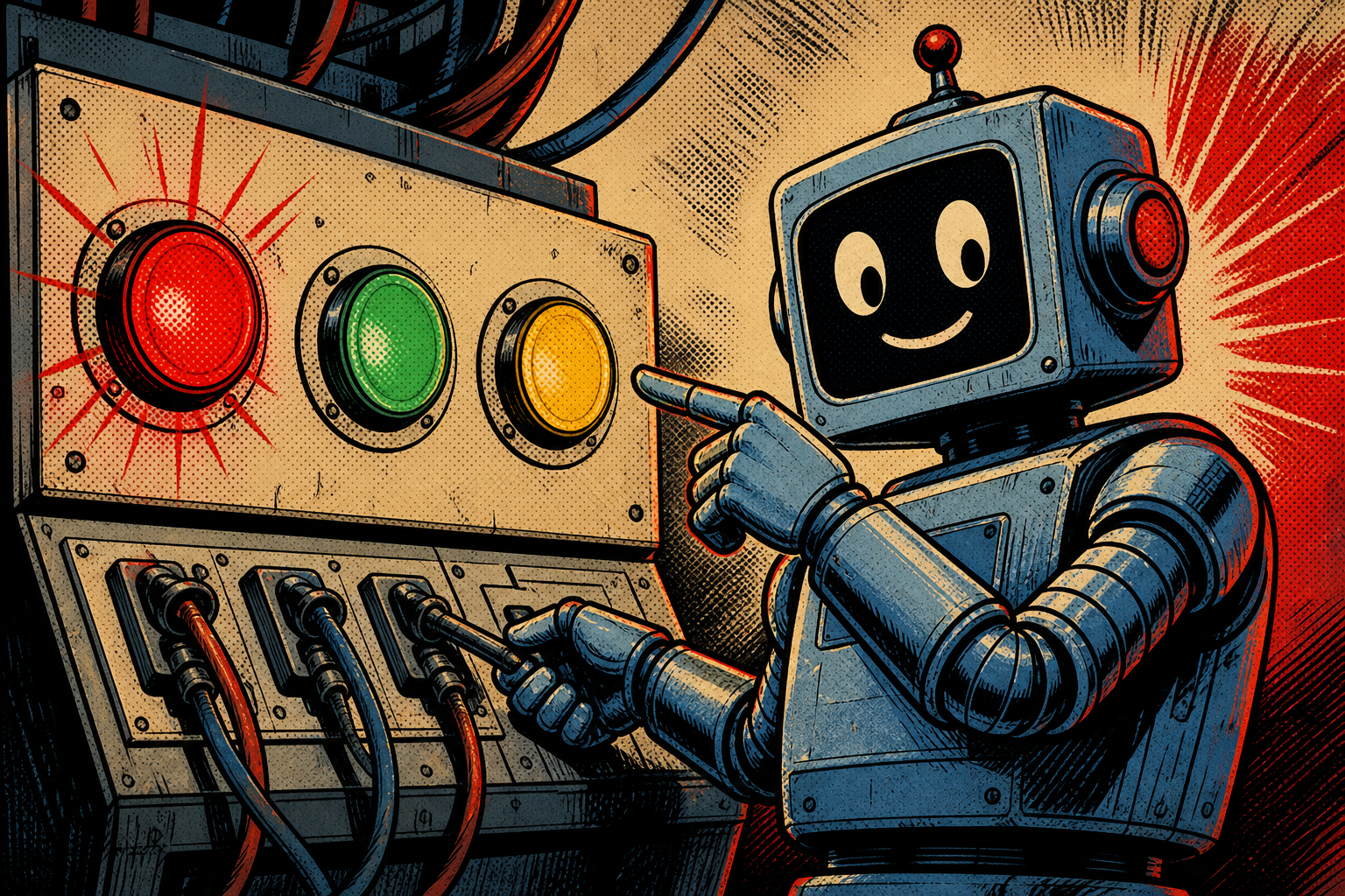 A friendly retro robot at a switchboard with three colored indicator lights — Anthropic blue, OpenAI green, OpenRouter yellow — the Anthropic bulb flashing red while the robot flips the toggle toward the OpenRouter lamp.