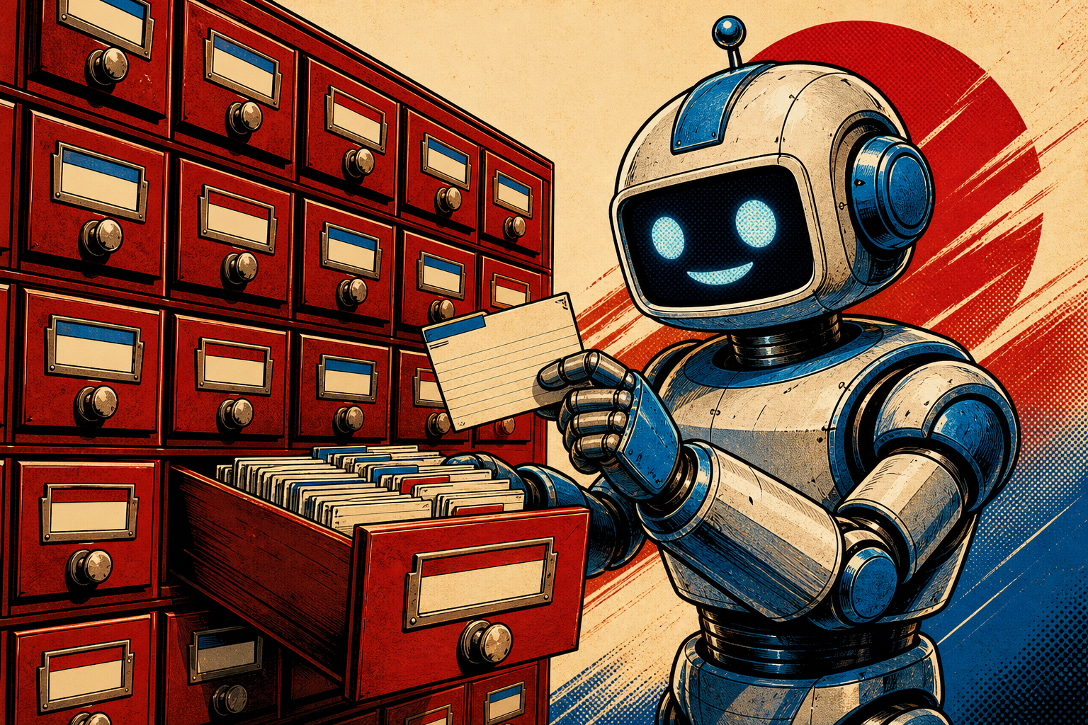 A friendly retro robot at a wooden card-catalog filing cabinet, sliding one drawer open and pulling out a labeled index card; each drawer has a date tab.