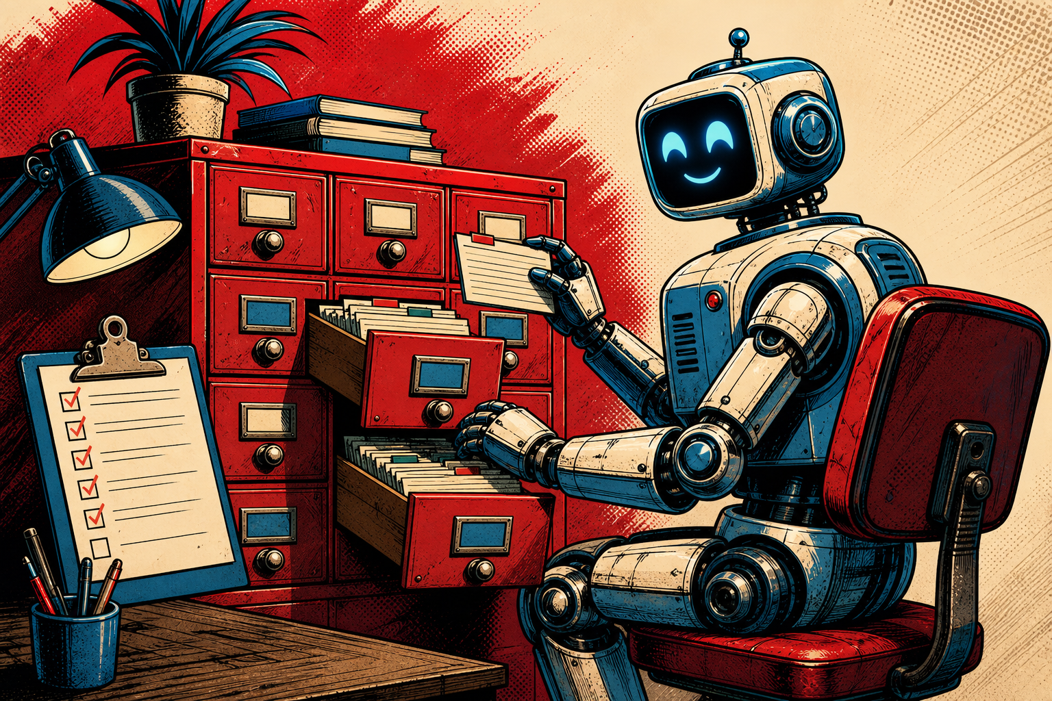 A friendly retro robot sitting beside a wooden card-catalog drawer titled SKILLS. One drawer is labeled AUTHOR and is half-open with a quill ready to write; the drawer below is labeled CURATE with a clipboard checklist pinned to it. Warm cream background, ink-outline illustration.