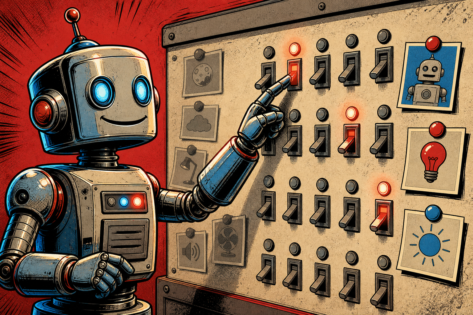 A retro robot standing at a tall wall of labelled switches, with only a handful flipped on and glowing while the rest sit dim and grey.