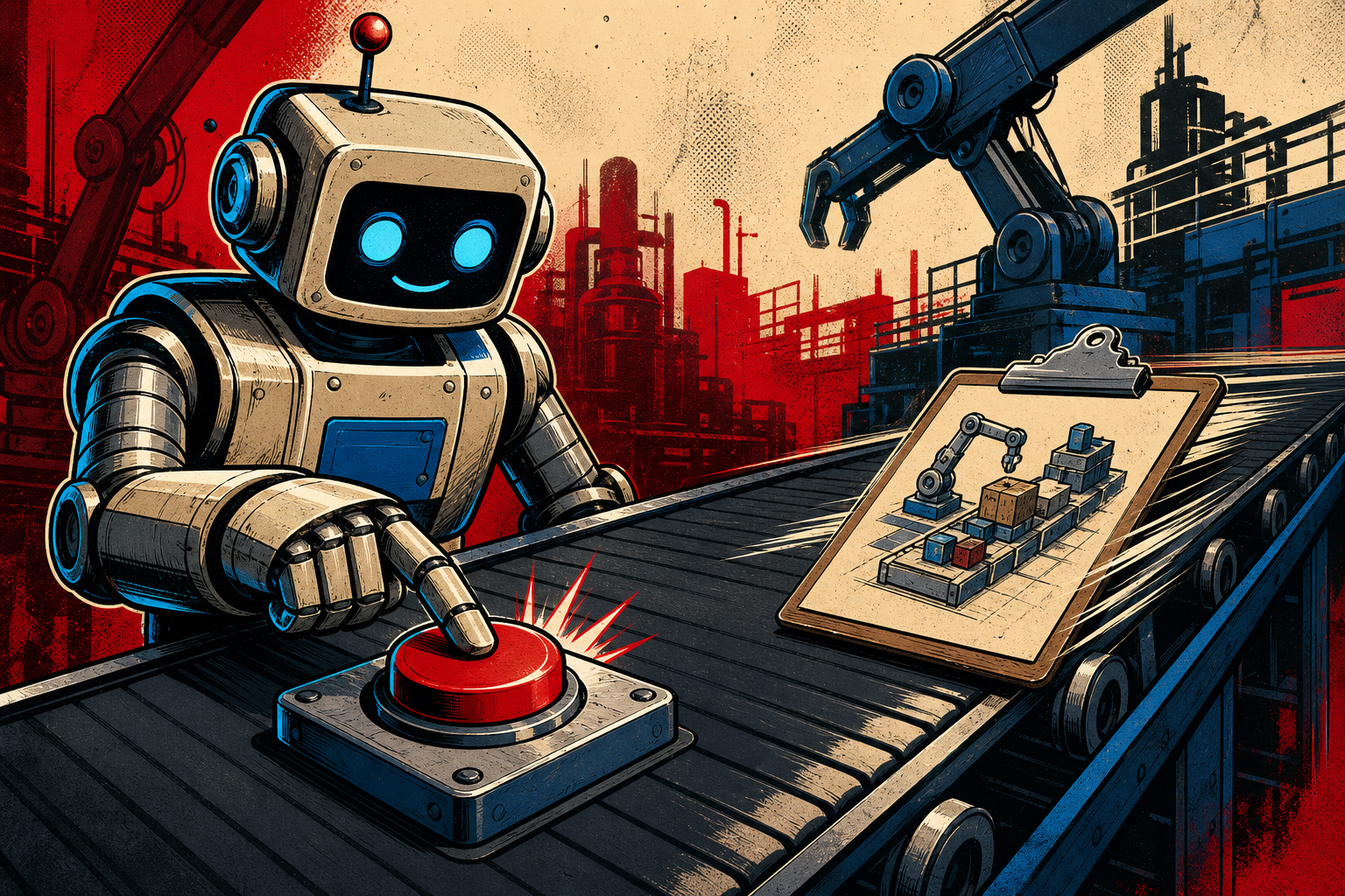 A friendly retro robot on a factory floor pressing a big red STOP button mid-conveyor-belt, while a clipboard of pre-update state slips across the conveyor belt beside it.