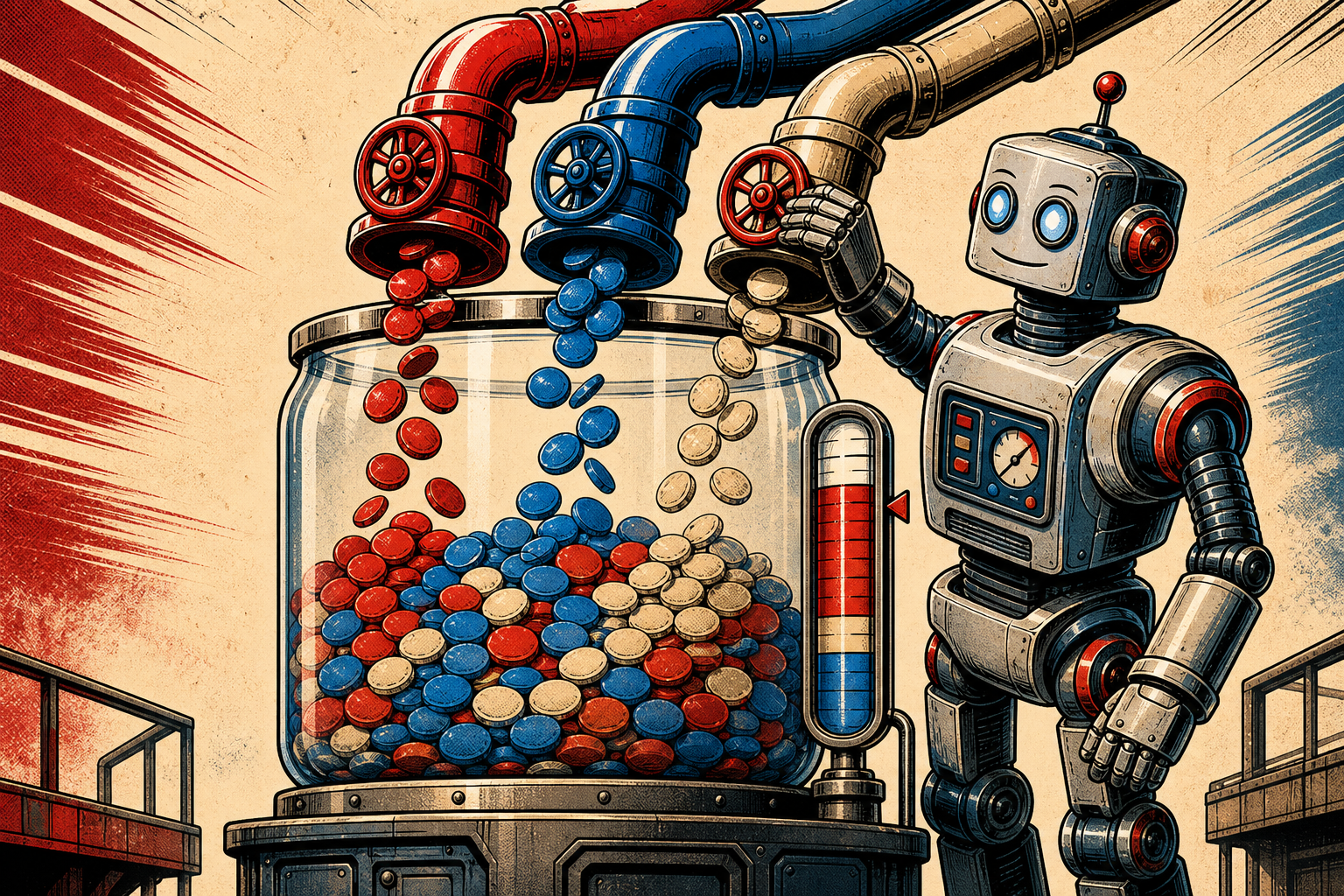 A friendly retro robot stands at a giant glass jar labeled TOKENS, with three inflows (TOOLS, SKILLS, HISTORY) feeding it; the robot watches the level gauge and closes the inflow valve when the level gets too high.