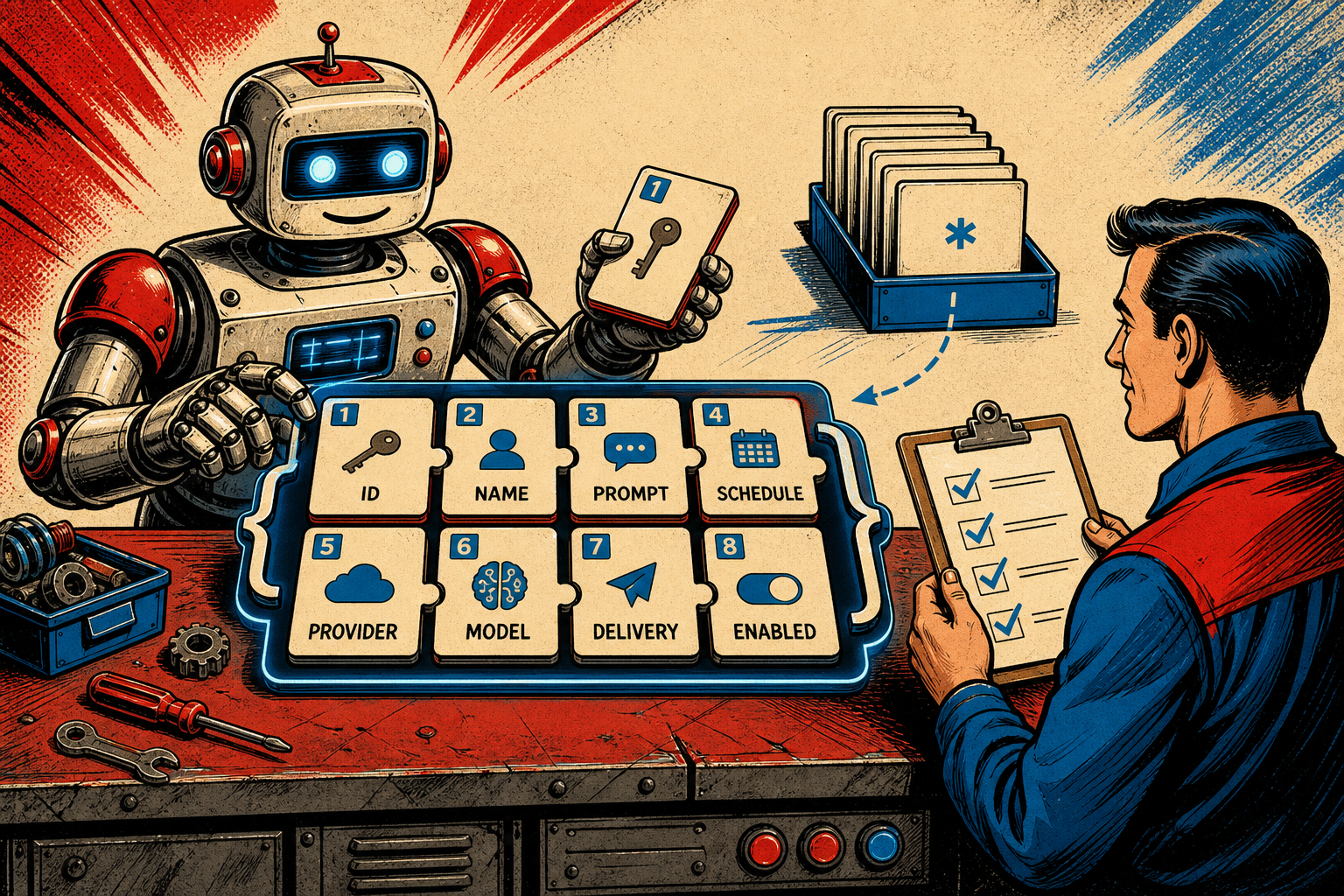 A retro-futurist operator at a terminal assembling a cron job from labeled JSON field cards, with a clock and four verification checkmarks behind them.