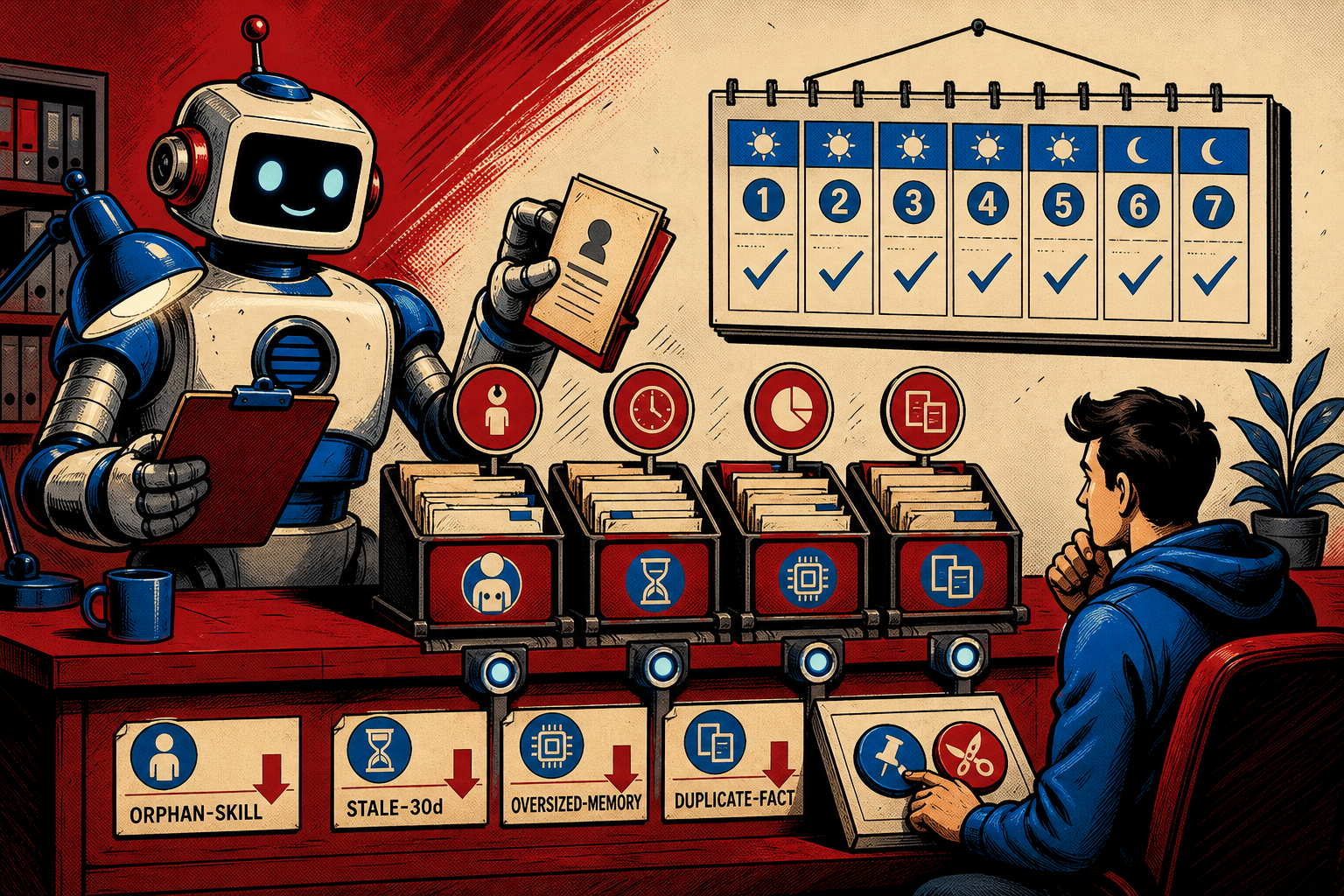 A retro robot janitor standing before a tall skill filing cabinet, holding a clipboard that reads WEEKLY LINT; four colored bins beside the cabinet are labeled ORPHAN, STALE, OVERSIZED, DUPLICATE, with small pinned-card exceptions tacked to a separate board.