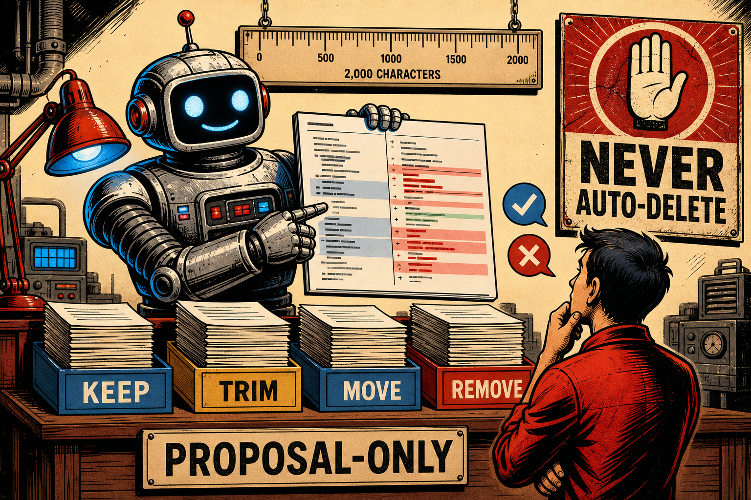 A retro robot assistant holding a clipboard titled TRIM PROPOSAL next to two large binders labeled MEMORY and USER, with a stack of marked-up memory cards and a glowing REQUIRES APPROVAL stamp pad on a workbench.