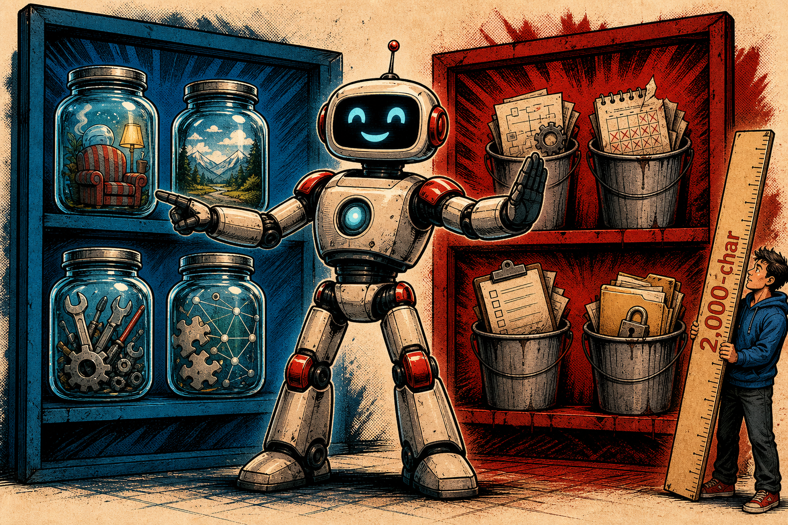 A retro robot at a control panel with two parallel conveyor belts: a green ACCEPT belt carrying small labelled tiles (PREFERENCE, ENV FACT, TOOL QUIRK, CONVENTION), and a red REJECT belt carrying tiles (PROCEDURE, DATE, TODO, SECRET) that drop off into a bin marked MEMORY.MD with a 2,000-char label.