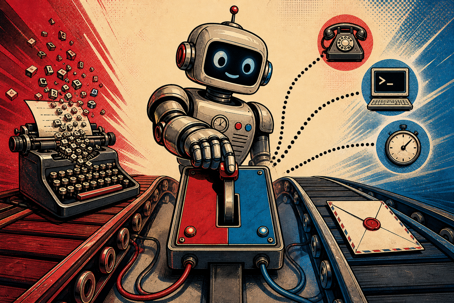 A friendly retro robot at a two-track switchboard: one track streams tokens out of a typewriter letter by letter, the other carries a single sealed envelope labeled FINAL BLOCK. The robot pushes the right switch depending on whether the destination — a phone, a CLI terminal, or a cron tick — is waiting.