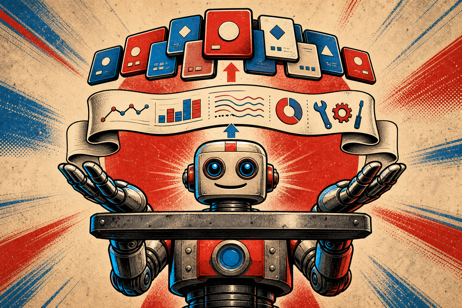 A friendly chrome-domed retro-futurist robot centered in the frame, presenting three distinct layers — a thick metal plate at the bottom (belt/pelvis area), a scrolling paper ribbon in the middle (chest panel showing data lines and tool icons), and a cluster of floating cards at the top (upper right) — with small arrows showing what travels between the layers.