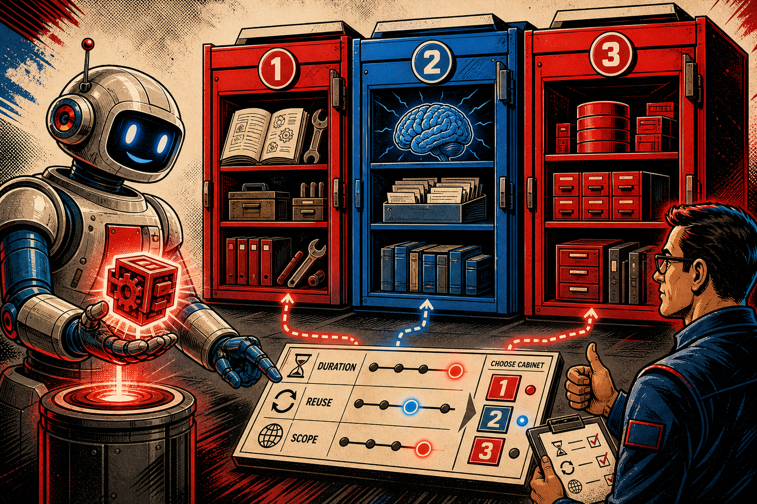 Three labeled storage jars — SKILLS, MEMORY, FACT STORE — next to a rubric clipboard with three rows (DURATION, REUSE, SCOPE), with a retro robot placing a folded note into the correct jar.