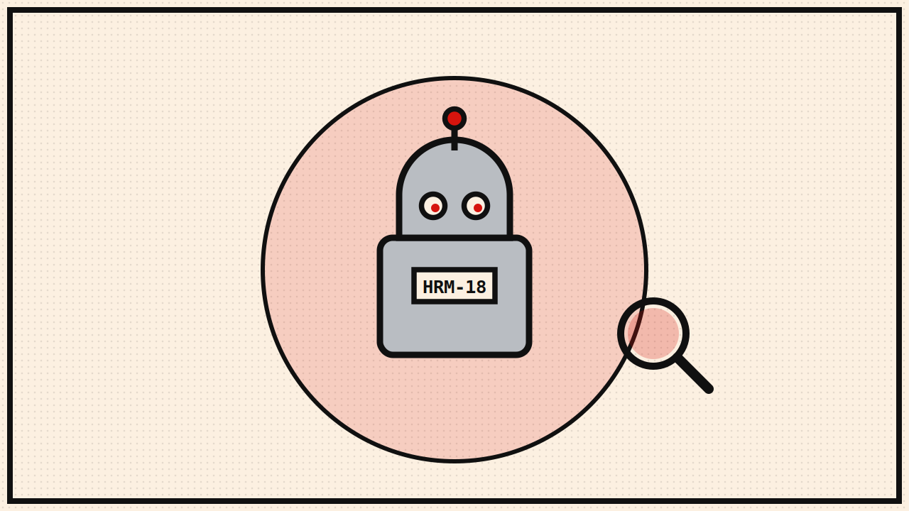 Illustration of a retro robot inspecting its own arm with a magnifying glass