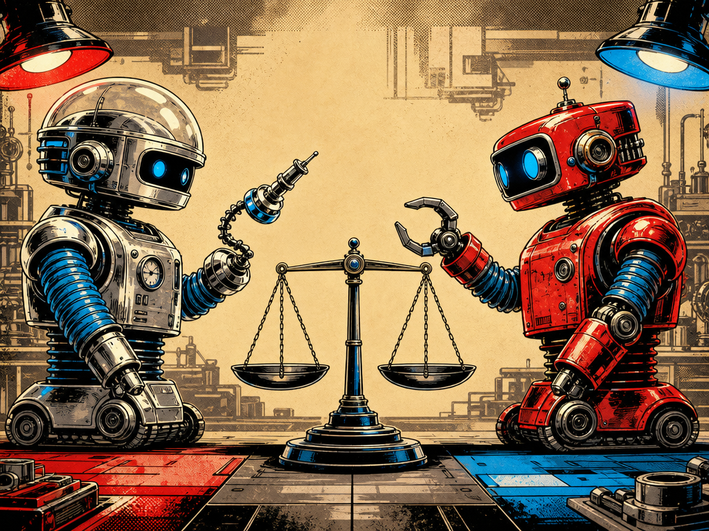 Two retro robots facing each other across a balanced scale, one chrome-domed with a coiled tool arm, one with a claw gripper, suggesting a fair choice between two equal paths.