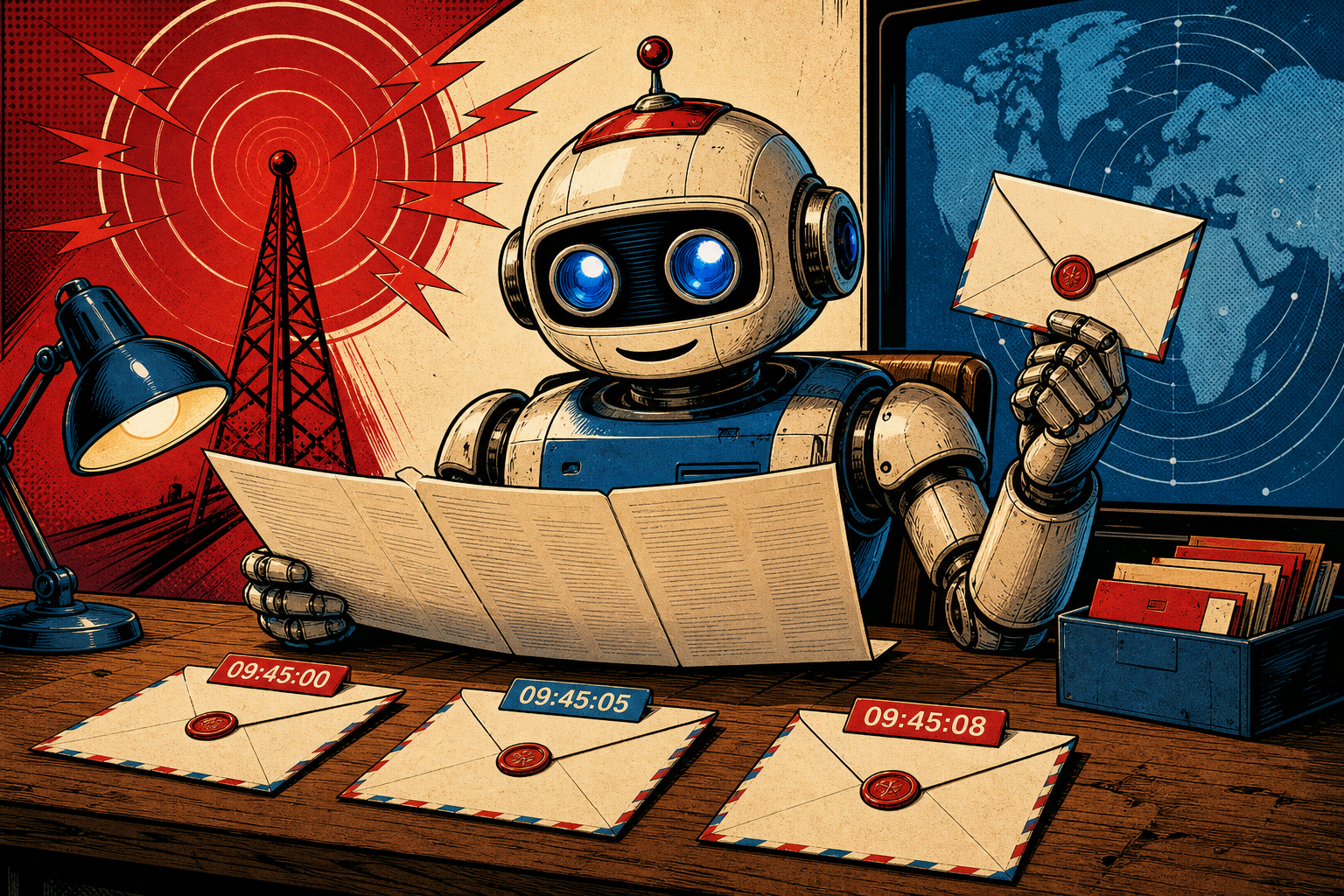 A friendly retro robot at a wooden desk reading three small letters in a row, each labelled with timestamps 09:45:00, 09:45:05, and 09:45:08; the robot holds a single outgoing reply letter in its other hand.