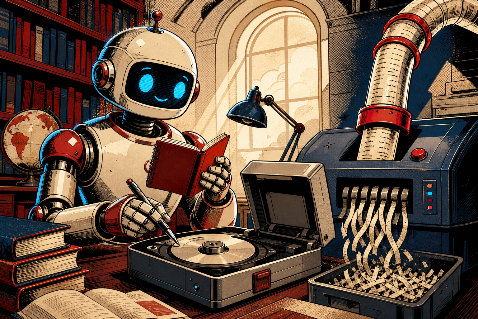 A friendly retro robot at a librarian desk reading a small notebook labeled MEMORY aloud, while a tube labeled CONVERSATION HISTORY runs into a shredder marked SESSION END. The robot writes a new entry into a sturdy on-disk file between sessions.