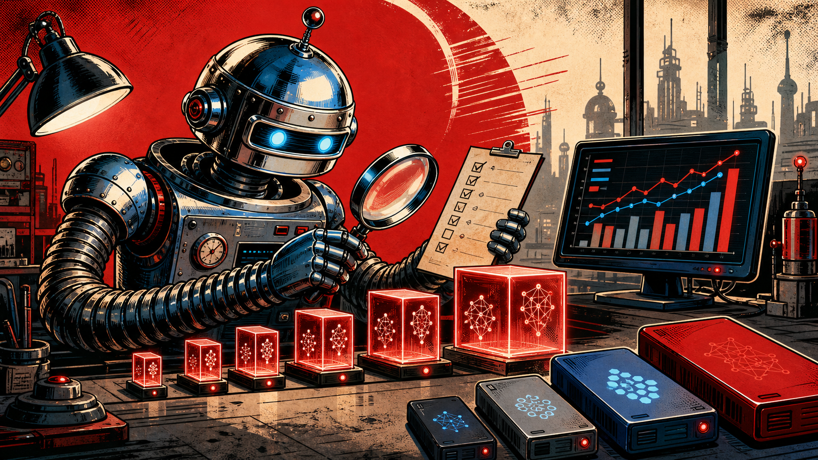 Retro editorial illustration of a chrome-domed robot at a workbench inspecting a row of translucent red model boxes with a magnifying glass, while a monitor on the side shows a bar chart.