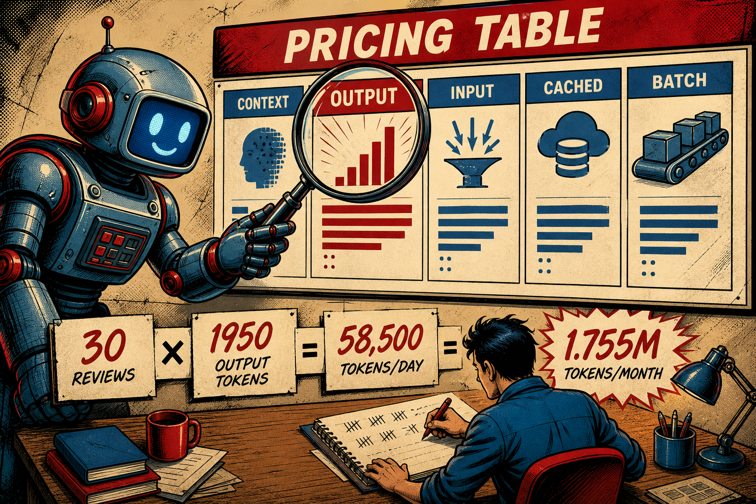 A clear comparison chart showing input and output token prices beside a context-window gauge, with misleading discount labels crossed out.