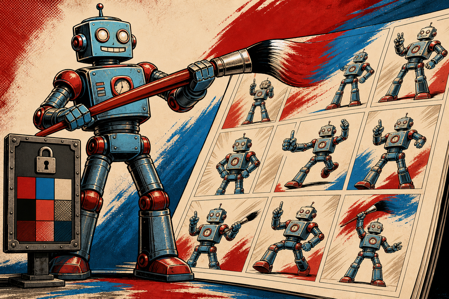 A friendly retro robot holding up a giant PAINTBRUSH dipped in crimson red and electric blue, painting rows of identical illustrations on a magazine page — every illustration looks like the same robot in slightly different poses. A small PANEL labeled LOCKED beside the robot shows the style block in test-card style.