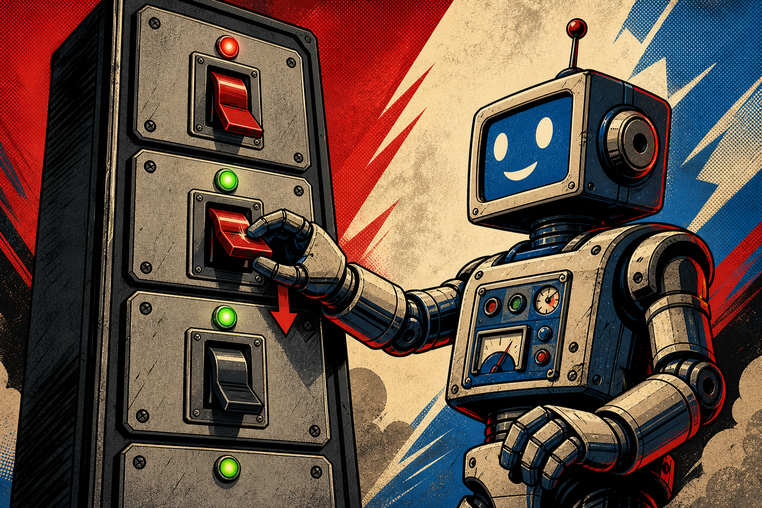 A friendly retro robot operating a tall FAILOVER SWITCHBOARD console with four labeled switches down its face — OPENAI, CACHED PNG, CACHE-BUST, TEXT-ONLY — and the robot's hand is mid-motion pulling the next switch only after the one above has been flipped and labeled as failed.